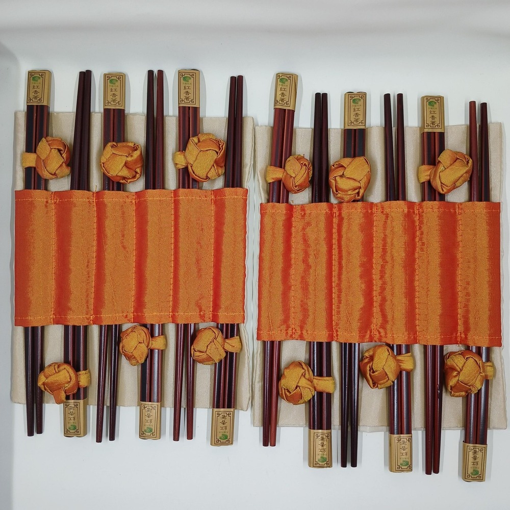 Brown Bamboo Wood Chinese Chopsticks Set 12 Pairs Fabric Travel Rolls Gift